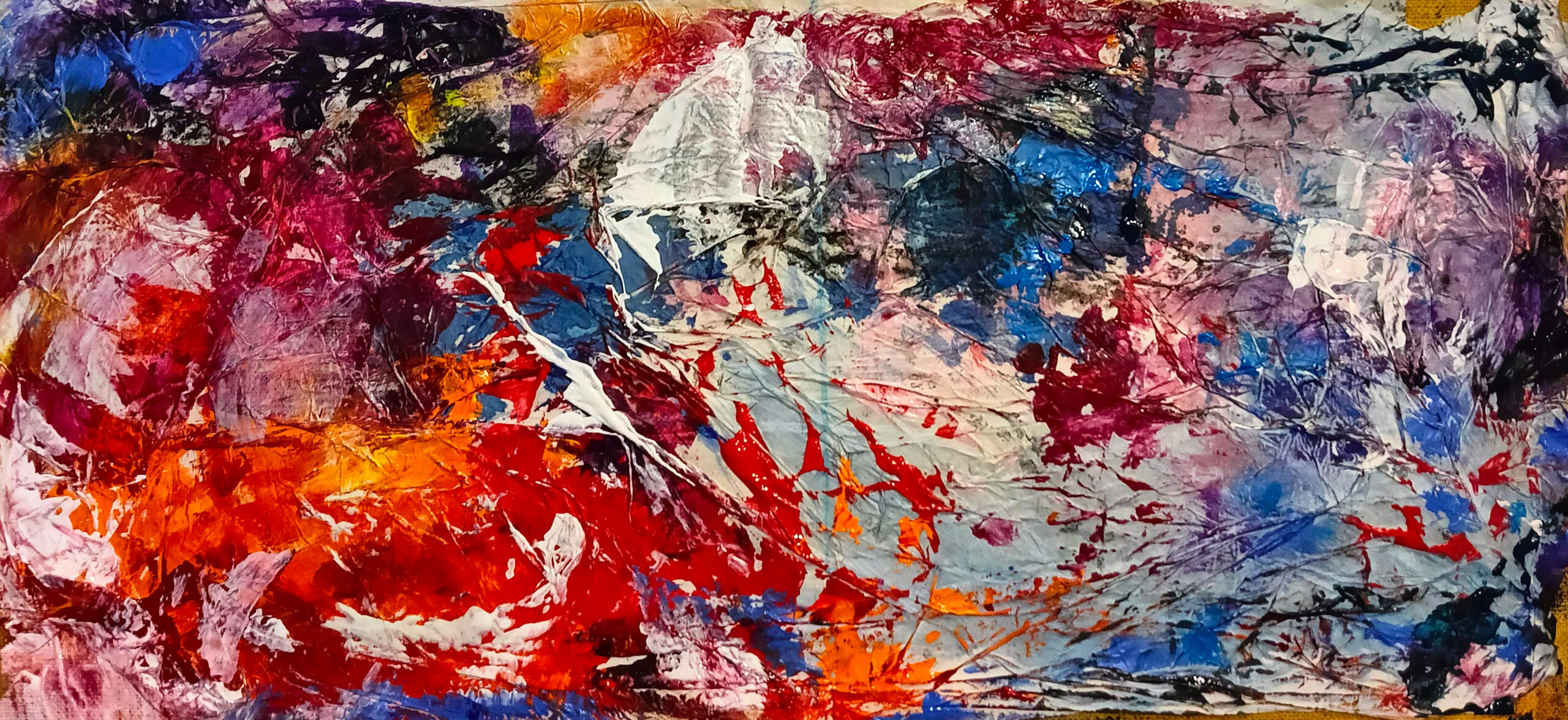 Away, 2024, cm 26×64, acrylic, ink  and light paper on canvas