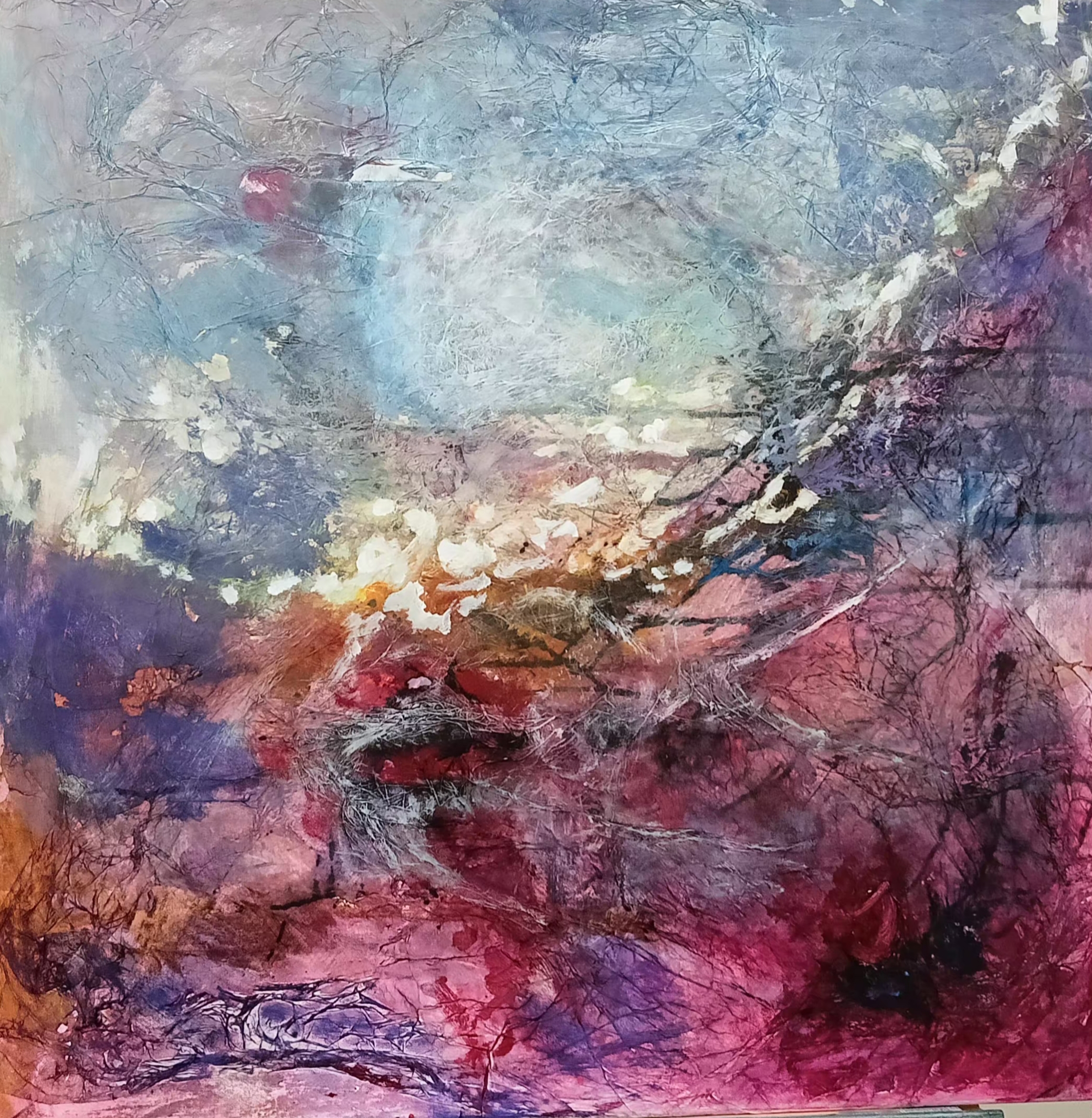 Glances East cm 100×100, acrylic, ink  and light paper on canvas – 2024